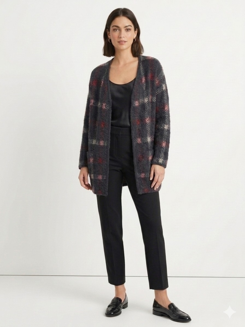 Theory Black Plaid Open-Front Cardigan with Red and Cream Accents